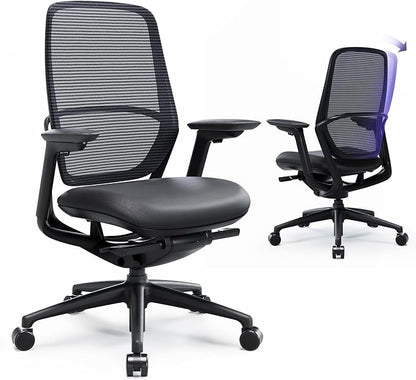 Ergonomic Office Chair Without Headrest, Genuine Leather Seat, Adjustable Seat Depth, 4D Armrests, Aluminum Alloy Base, Mesh Back, High-End Executive Desk Chair Black (Obsidian Black)