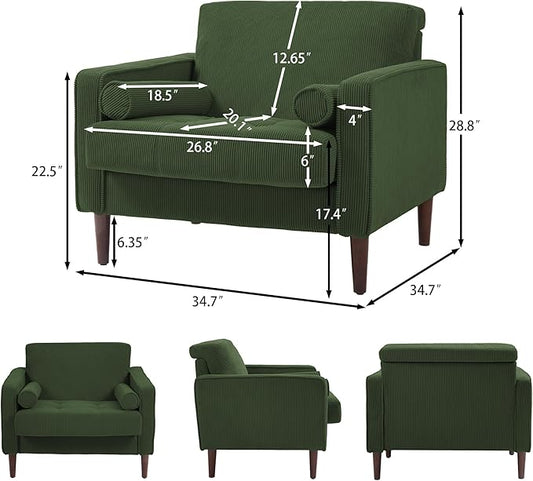 Oversized Accent Chair Set of 1, Corduroy Fabric Mid Century Modern Armchair with Large Seat for Living Room Bedroom Reading