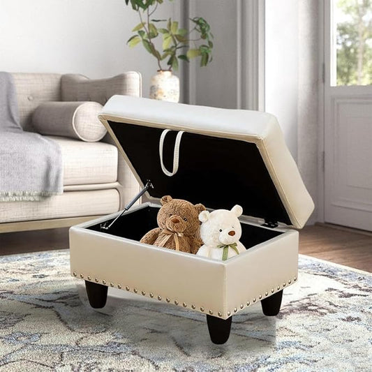 Faux Leather Storage Ottoman with Nailhead Trim, 28.5"X19.5"X17.5" Footrest Stool, Hidden Storage Foot Stool for Living Room, Bedroom Furniture, Cream-Colored