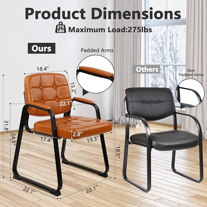 CLATINA Waiting Room Chairs with Padded Arms Leather Guest Chair no Wheels for Office Reception and Conference Desk with Sled Base Orange, 4PK