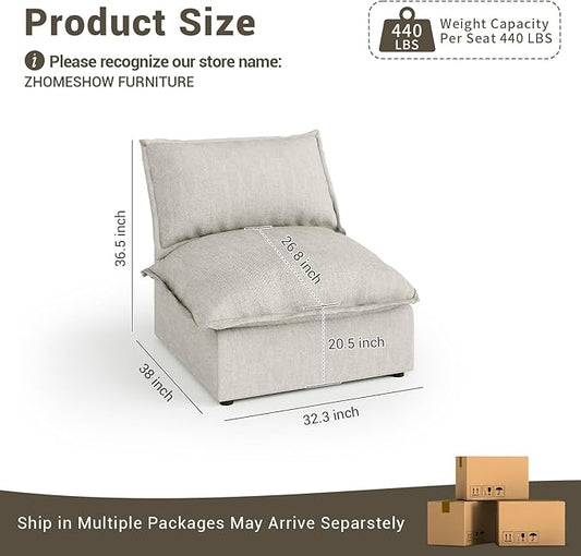 Middle Seat for Cloud Modular Sectional Sofa, Comfy Down Filled Cloud Couch with Removable Cover, Modular Sectional Couches for Living Room, Light Gray
