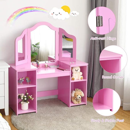 GOFLAME Kids Vanity Table, 2 in 1 Detachable Design with Dressing Table and Writing Desk, Princess Makeup Dressing Table with 4 Large Storage Shelves and 3-Panel Mirror for Kids and Girls (Pink)