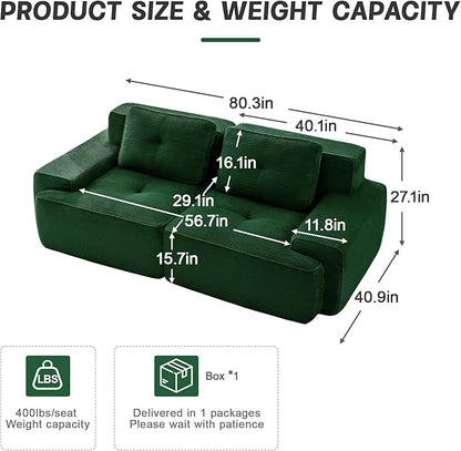 80.3” Green Boneless Couches for Living Room, Modular Sectional Sofa, 2 Seater Comfy Upholstered Loveseat Deep Seat Corduroy Fabric Cloud Couch No Assembly, Anti-Slip Design