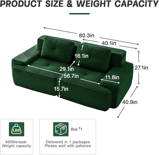 80.3” Green Boneless Couches for Living Room, Modular Sectional Sofa, 2 Seater Comfy Upholstered Loveseat Deep Seat Corduroy Fabric Cloud Couch No Assembly, Anti-Slip Design