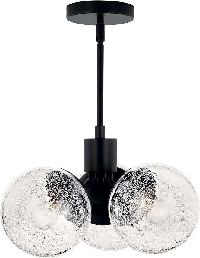 KICHLER Silvarious 3-Light Convertible Pendant, Soft Modern Light with Clear Crackled Glass in Black, for Hallway, Dining Nook, Bedroom or Kitchen (9.5" x 16.5"), 52700BK