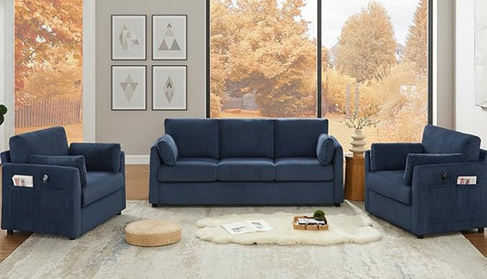 Living Room Sofa Set, Corduroy 3-Seat Couch with Set of 2 Accent Side Chairs, Soft Pillows and Side Pockets, Modern Living Room Furniture Sets for Apartment, Small Spaces, Navy Blue