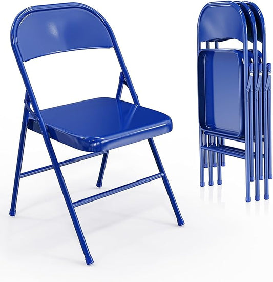 VINGLI Folding Chairs All Steel Metal Frame, Capacity 350 lbs, Durable Portable and Versatile for Indoor Outdoor Use, Navy Blue, Set of 4