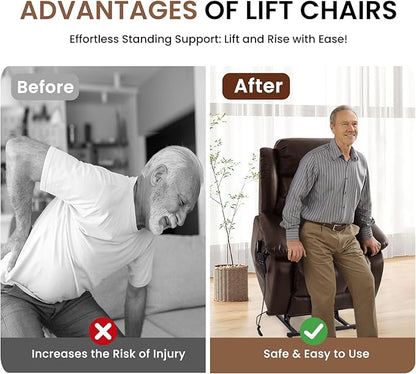 TEKAMON Power Lift Recliner Chair for Elderly with Heat & Massage, Dual Motor Breathable Leather Recliner, Lay Flat Sleeping Chairs with Infinite Position, RemoteControl(Brown, Extended)