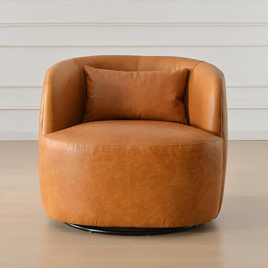 KINWELL 100% Top Grain Genuine Leather Swivel Barrel Armchair No Assembly Modern Upholstered Leather Swivel Accent Chairs with Toss Pillow for Living Room Office Lounge, Camel