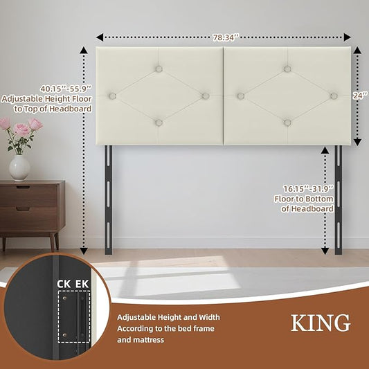King Size Headboard, Faux Leather Headboard with Solid Wood & Sturdy Metal Legs, Adjustable Height Bed Headboards King Tufted Upholstered in Modern Button Design, Ivory