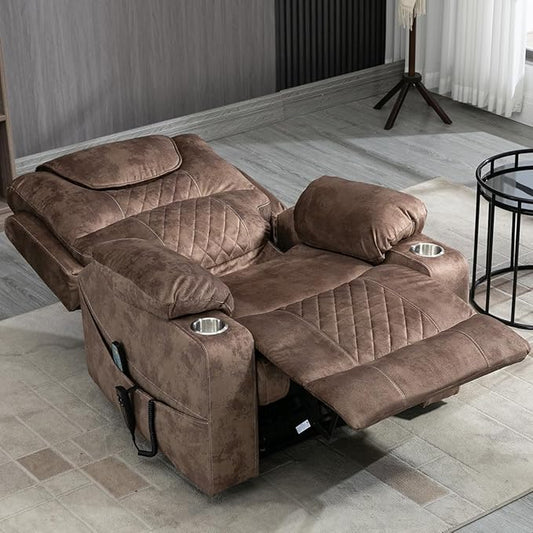 Oversized Lazy Boy Recliner Chair, 2 Motor Leather Recliner, Nursing Lift Chair with Massage and Lumbar Heating, Functional Adult Power Recliner with Cup Holders