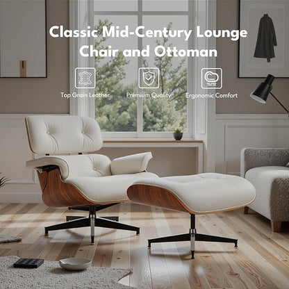 Top Grain Leather, Mid Century Chaise Lounge Chair and Ottoman, Modern Chair Classic Design, Heavy Duty Base Support for Living Room Study Lounge Office, Palisander-White, Heightening