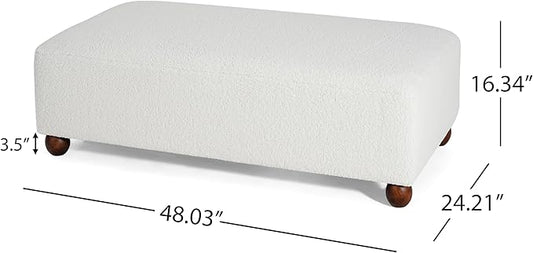 Christopher Knight Home Rika 48" Comfy Boucle Upholstered Bedroom Bench, Ottoman Bench with Rounded Wooden Legs, Spacious Seating, Long Footstool for Living Room, Entryway Bench, White + Walnut