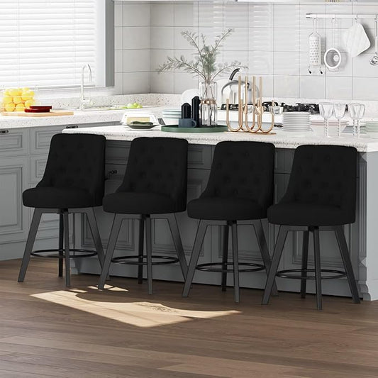 MINCETA Set of 4 Upholstered Bar Stools - 26 Inch Swivel Counter Height Stools with Low Tufted Back, Footrest & Performance Fabric - Round Seat for Kitchen Island & Home Bar Black