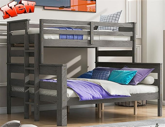 Upgraded Version Thicken Solid Wood Twin XL Over Queen Bunk Bed, Stronger Queen Size Bunk Bed Frame, Convertible into 2 Beds for Adult, Easy to Assemble (Grey,Twin XL Over Queen)