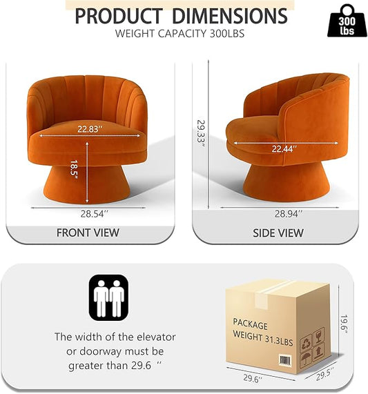 Swivel Accent Chair,Upholstered Velvet 360° Swivel Barrel Chair for Living Room Overstuffed Bouncle Reading Chair Round Armchair for Bedroom,Vanity,Office (Orange)