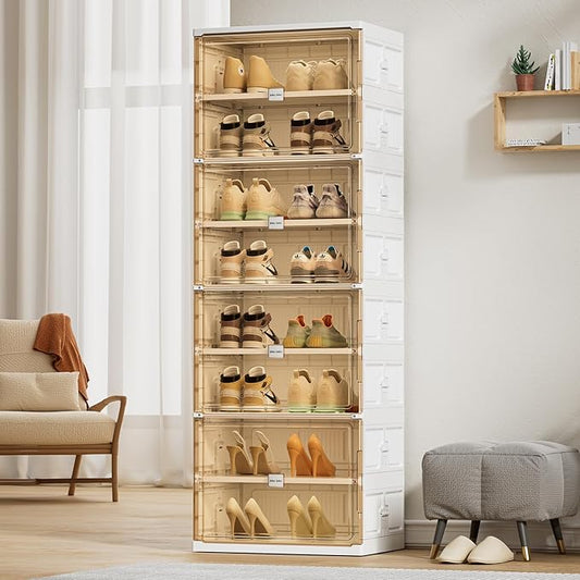 JEKO&JEKO 10 Tiers Foldable Shoe Rack Organizer Cabinet for Closet Entryway, Large Collapsible Shoe Storage Box with Magnetic Doors (White)