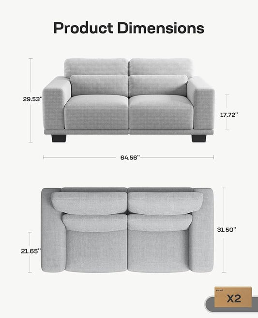 Marsail Modern 65 Inch Linen Fabric Sofa, 2-Seater Couch with Wide Armrests, Deep Cushions & Removable Washable Covers, Comfortable Living Room Furniture, Grey
