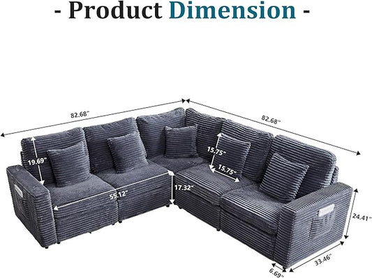 Oversized Corner Modular Sectional Sofa, L Shape Plush Corduroy Fluffy Sectional Couch with Pillows, 5 Seat Modular Sofa with Deep Seat for Living Room-Blue Grey