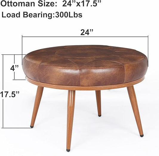 Round Ottoman Coffee Table, 24in Faux Leather Cushioned Footstool Ottoman,Stationary Ottomans, Backless Chair, Footrest for Living Room, Bedroom, Padded Seat, Brown