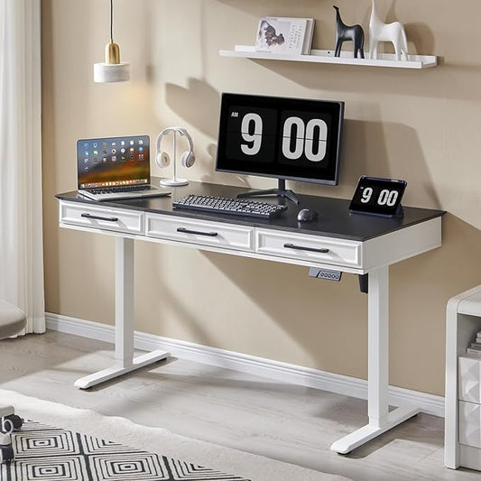 55x22 Inch Electric Standing Desk with One-Piece Desktop, Adjustable Height Computer Desk with 3 Storage Drawers & Power Outlets, Sit to Stand Up, Gaming Table for Home Office and Study, White