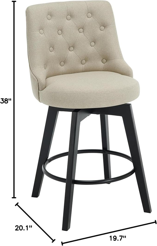 MINCETA Set of 4 Upholstered Bar Stools - 26 Inch Swivel Counter Height Stools with Low Tufted Back, Footrest & Performance Fabric - Khaki Round Seat for Kitchen Island & Home Bar