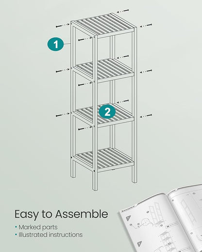 SONGMICS Bamboo Storage Shelf, 4-Tier Shelving Unit, Multifunctional, in The Entryway, Bathroom, Living Room, Balcony, Kitchen, 13 x 13 x 38.6 Inches, Cloud White UBCB054W01