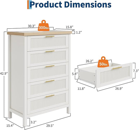 GarveeHome Fluted 5 Drawer Tall Dresser for Bedroom, 42.9 in Chest of Drawers, Wooden Dresser Chest with Clothes Storage Cabinet, Drawer Organizer, TV Stand for Bedroom, Living Room, Hallway, White
