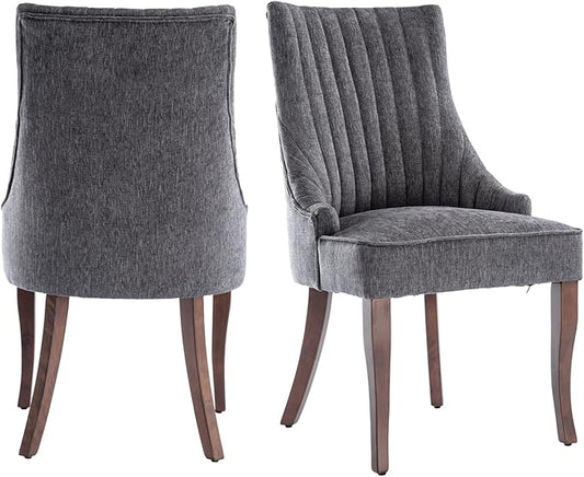 mikibama Linen Dining Chairs Set of 2 Channel Tufted Kitchen Dinner Chair Comfy Fabric Upholstered Accent Chair for Dining Room with Solid Wood Legs (Grey)