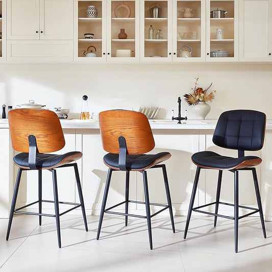 Mid Century Modern Bar Stools Set of 3 for Kitchen Island,Upholstered Black Faux Leather Counter Height stools,26 Inch Counter stools with Walnut Grain Back