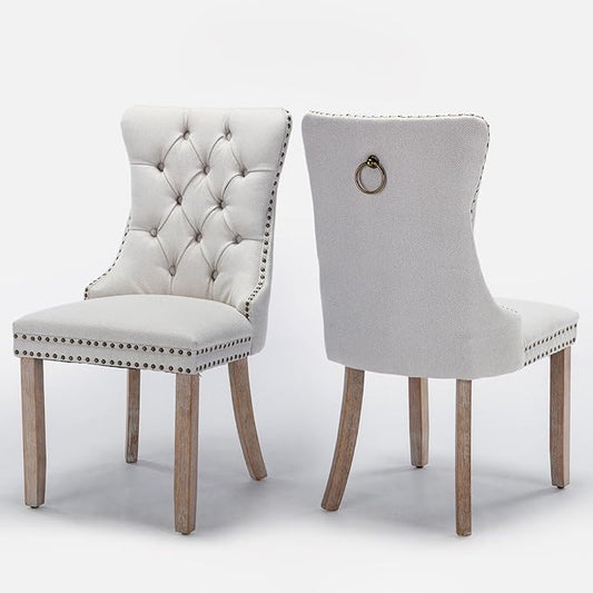 Linen Upholstered Dining Chairs Set of 2, Modern Style Kitchen Side Chairs with Nailhead Trim and Wood Leg, Metal Pulling Ring for Dining Room Living Room(Beige,Set of 2)