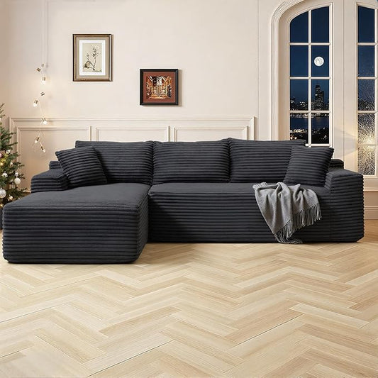95 Inch Cloud Sectional Couch,Modular Sectional Sofa with Deep Seat,Modern Corduroy Boneless Couches with L-Shape Chaise for Living Room Bedroom,No Assembly Required (Black, Left Facing Chaise)