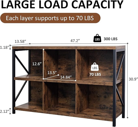 6 Cube Storage Organizer Bookshelf, Industrial Horizontal Bookcase, Accent Cubby Shelf, Media Console Table for Living Room, Home Office, 13.6" D x 47.2" W x 30.9" H, Rustic Brown