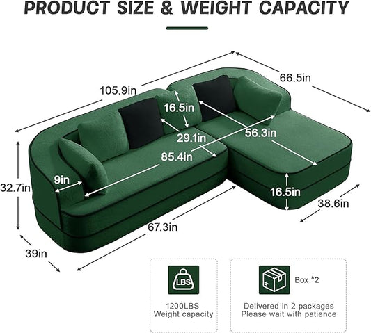 Cloud Sectional Sofa Modern Boneless Couch for Living Room, Comfy Deep Seat Comfy Teddy Fabric Double Sofa Chaise No Assembly Required (Green, 106" L Shape with Right Facing)