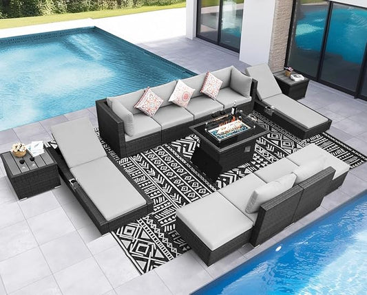 NICESOUL 13 Piece Backyard Furniture Set with Firepit Table, Wicker Woven Gray Patio Couch Set with Chaise Lounge for 10-People Seating, Modular Comfy 29.3" Highback Sectional Sofas for Outside Patio