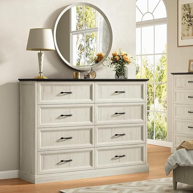 CARPETNAL Farmhouse Dresser and Nightstand Sets for Bedroom, 4 Pcs Bedroom Set, 5 Drawer & 8 Drawer Dresser and Nightstand Set of 2, Wood Chest of Drawers for Living Room, Entryway, White