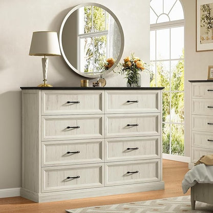 CARPETNAL Farmhouse Dresser and Nightstand Sets for Bedroom, 4 Pcs Bedroom Set, 5 Drawer & 8 Drawer Dresser and Nightstand Set of 2, Wood Chest of Drawers for Living Room, Entryway, White