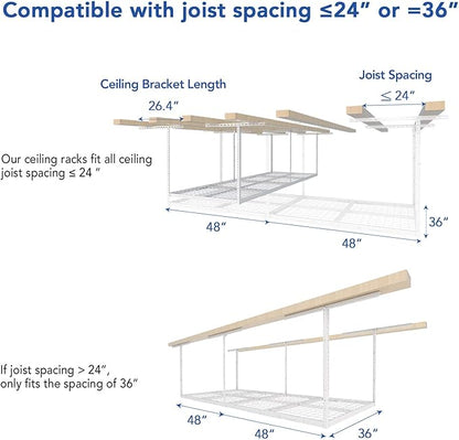 FLEXIMOUNTS 3x8 Overhead Garage Ceiling Storage Rack, Adjustable Garage Organization System, Heavy Duty Metal, 750lbs Weight Capacity, White, Classic Series