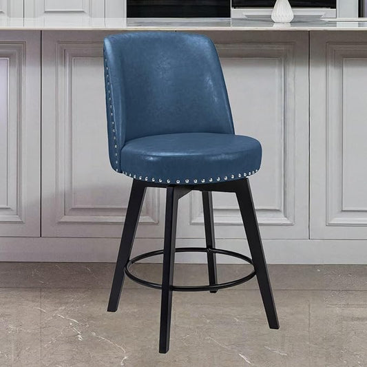 MINCETA Bar Stool, PU Leather Barstool, 26 Inch Upholstered Counter Stool with High Back and Footrest, Swivel Counter Height Barstool for Kitchen Island Home Bar Navy Blue