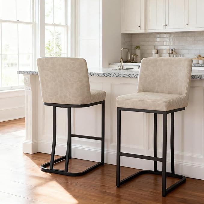 MAISON ARTS Counter Height Bar Stools with Back Set of 4 for Kitchen Counter, 24 Inch Modern Upholstered Faux Leather Barstools Farmhouse Bar Chairs Luxury Island Stools Support 330LBS, Light Grey