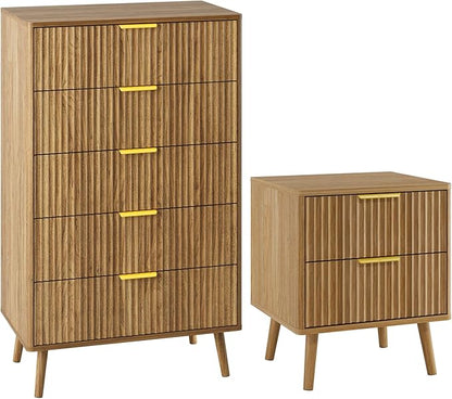 LYNSOM Fluted Dresser and Nightstand Sets 2 Piece, 2-Drawer Nightstands and 5-Drawers Dresser, Wood Bedroom Furniture Set for Home, Bedroom, Hallway, Natural Oak