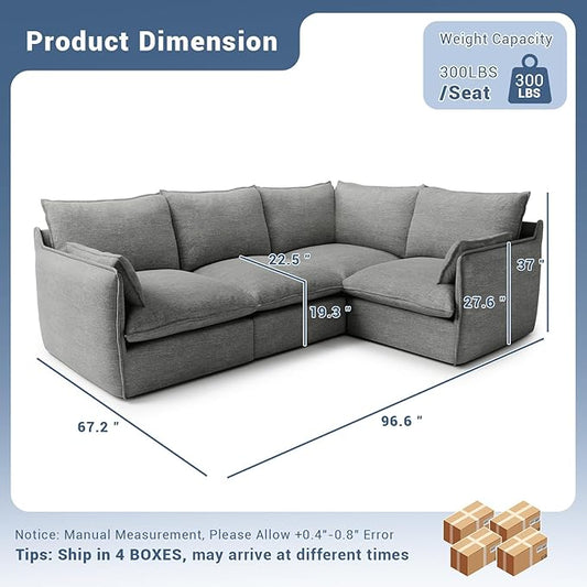 Cloud Modular Sectional Sofa, Waterproof Down Filled Sectional Sofas, High Backrest 4 Seater Sectional Couches for Living Room, Modern Modular Couch with Removable Cover, Dark Gray