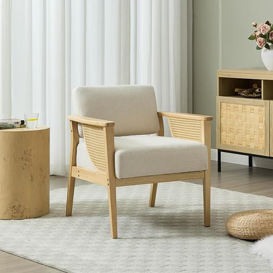 Mid Century Modern Accent Chair, Rattan Armchair with Wood Legs Living Room Chair Linen Upholstered Lounge Chair for Bedroom Reading Room, Beige