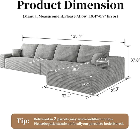 135.4" Large Cloud Modular Sectional Sofa with L-Shape Chaise, Deep Seat Upholstered Couches for Living Room, No Assembly Required, Corduroy Pet-Friendly Fabric (Grey, Right Facing Chaise)