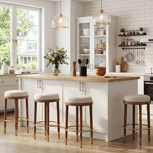 26’’ Rustic Backless Bar Stools with Metal Gold Footrest Counter Height Barstools Set of 4 Modern Round Farmhouse Beige Linen Upholstered Wooden Stools with Natural Solid Wood Legs for Kitchen Island