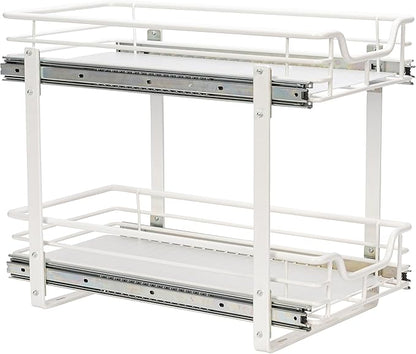 Household Essentials Glidez Multipurpose Powder-Coated Steel Pull-Out/Slide-Out Storage Organizer with Plastic Liners 2-Tier Dual-Slide Design, White