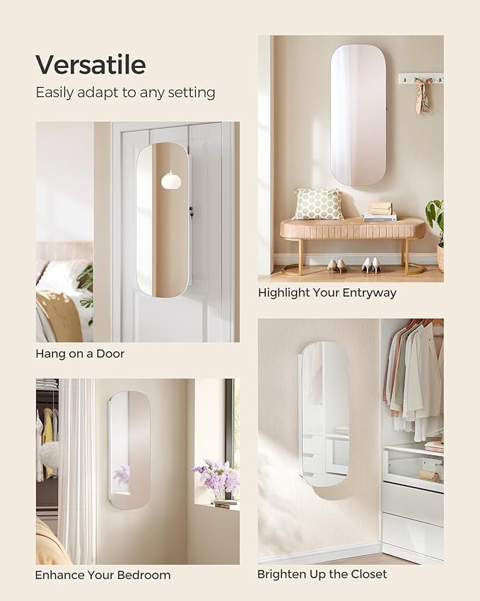 SONGMICS Jewelry Organizer, LED Jewelry Cabinet Wall/Door Mounted, Lockable Rounded Wide Mirror with Storage, Christmas Gift 3.9 x 16.5 x 42.5 Inches, White Surface with Greige Lining