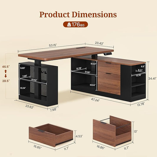 L Shaped Standing Desk Adjustable Height, 53" Electric Office Desk with File Drawers & Storage Shelves, Sit Stand Corner Computer Desk with Power Outlets, Pegboard, 6 Hooks, Black & Walnut