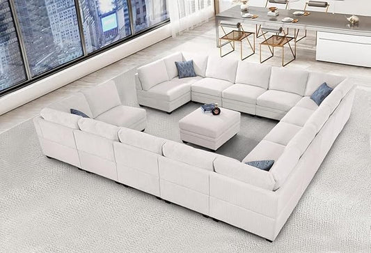 Wanderwell Oversized Modular Sectional Sofa, 16-Seater U Shaped Couches with Movable Ottoman,Corduroy Sectional Couch with Wide and Deep Seats Suitable for Living Room,Bedroom,Apartment (Cream, U-16)