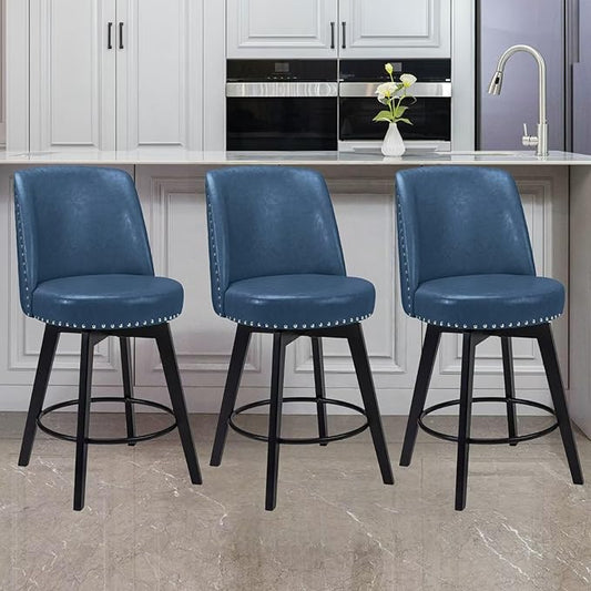 MINCETA Bar Stools Set of 3, PU Leather Barstools, 26 Inch Upholstered Counter Stools with High Back and Footrest, Swivel Counter Height Barstools for Kitchen Island Home Bar Navy Blue